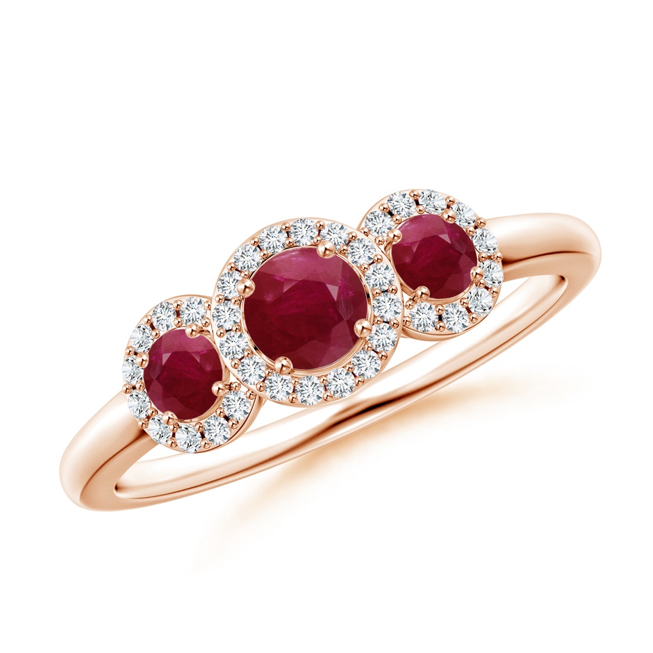 4mm A Round Ruby Three Stone Halo Ring with Diamonds in Rose Gold 