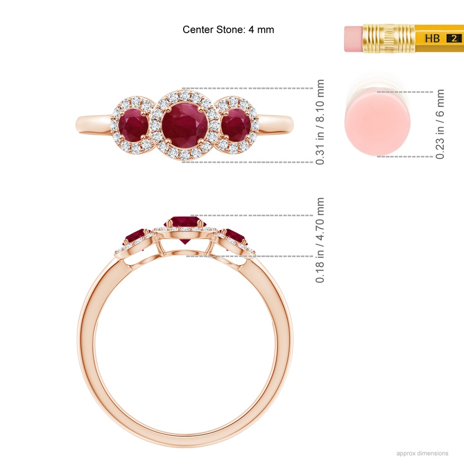 4mm A Round Ruby Three Stone Halo Ring with Diamonds in Rose Gold ruler