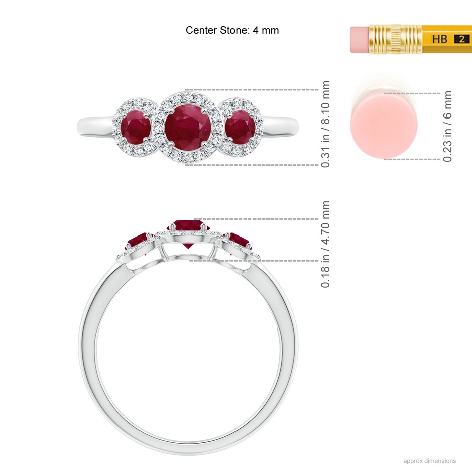 4mm A Round Ruby Three Stone Halo Ring with Diamonds in White Gold ruler