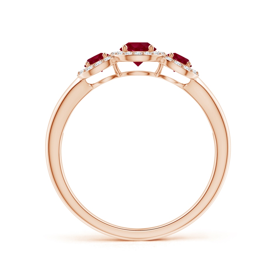 4mm AA Round Ruby Three Stone Halo Ring with Diamonds in Rose Gold side-1
