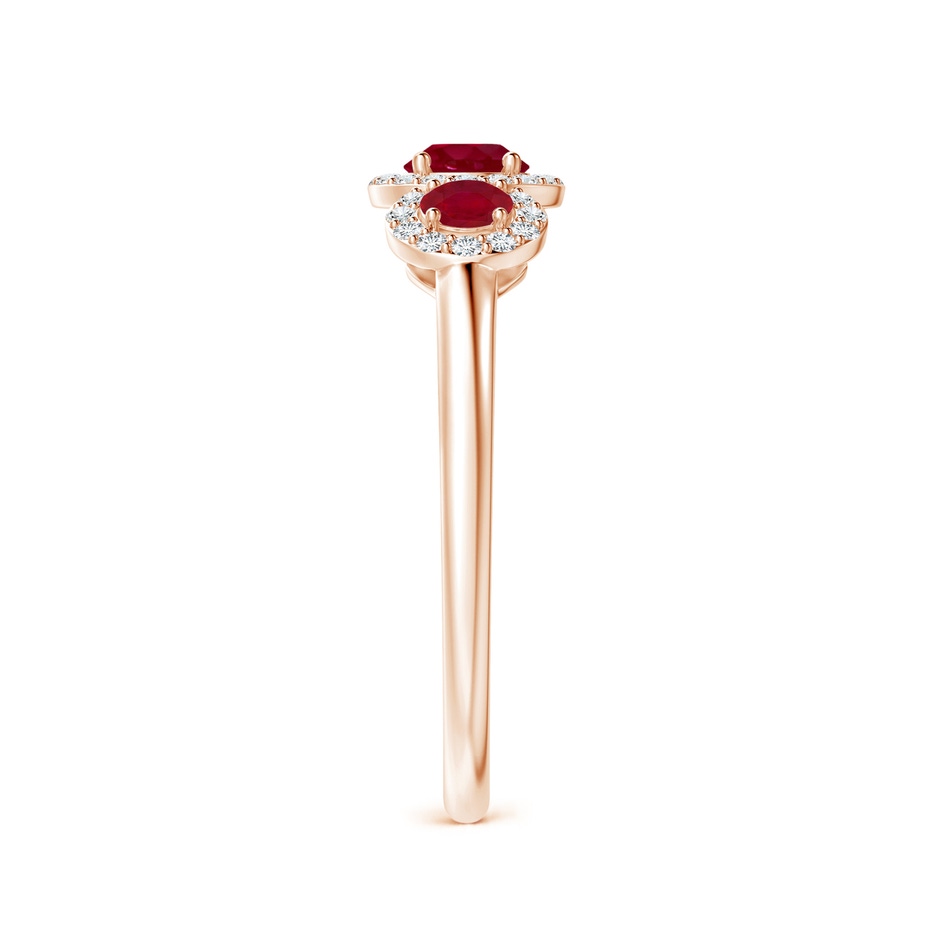 4mm AA Round Ruby Three Stone Halo Ring with Diamonds in Rose Gold side-2