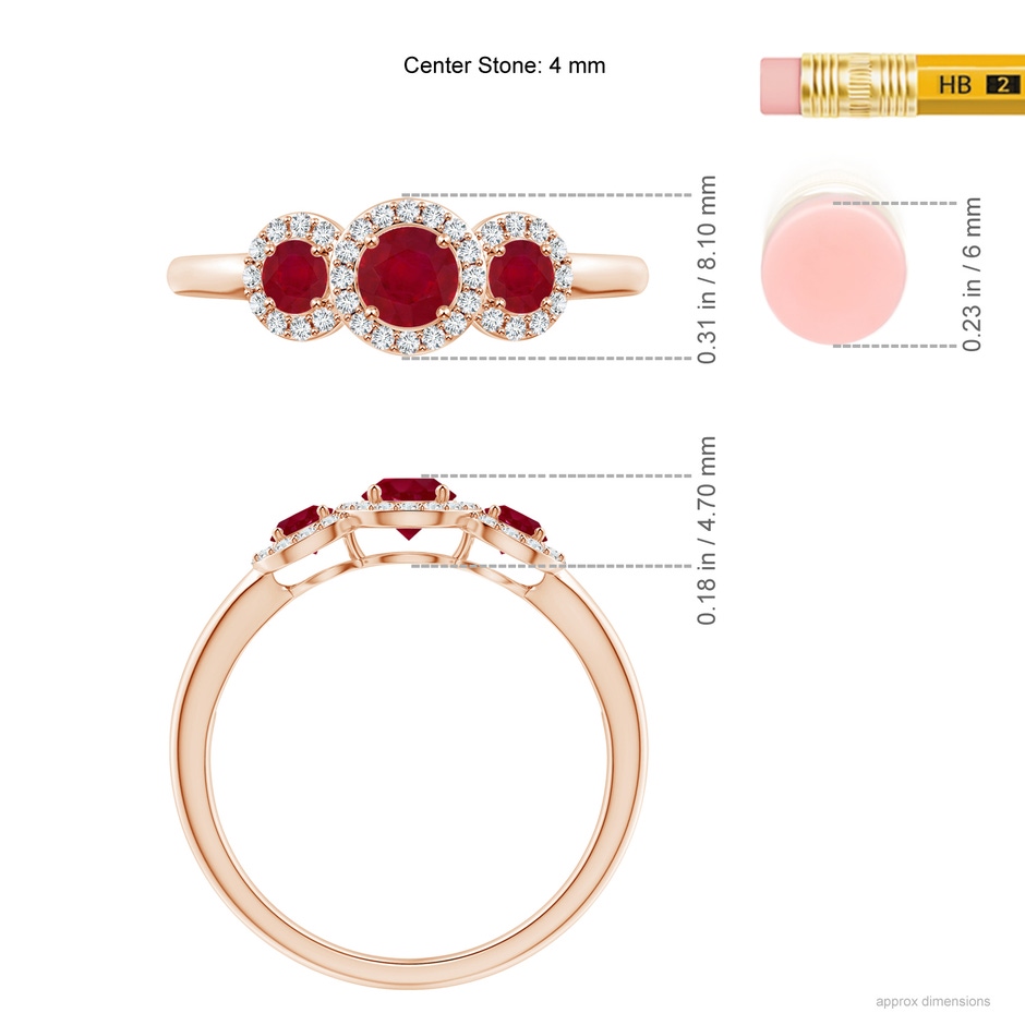 4mm AA Round Ruby Three Stone Halo Ring with Diamonds in Rose Gold ruler