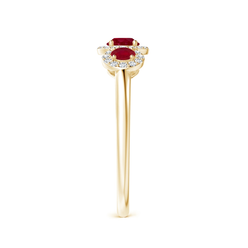 4mm AA Round Ruby Three Stone Halo Ring with Diamonds in Yellow Gold side-2
