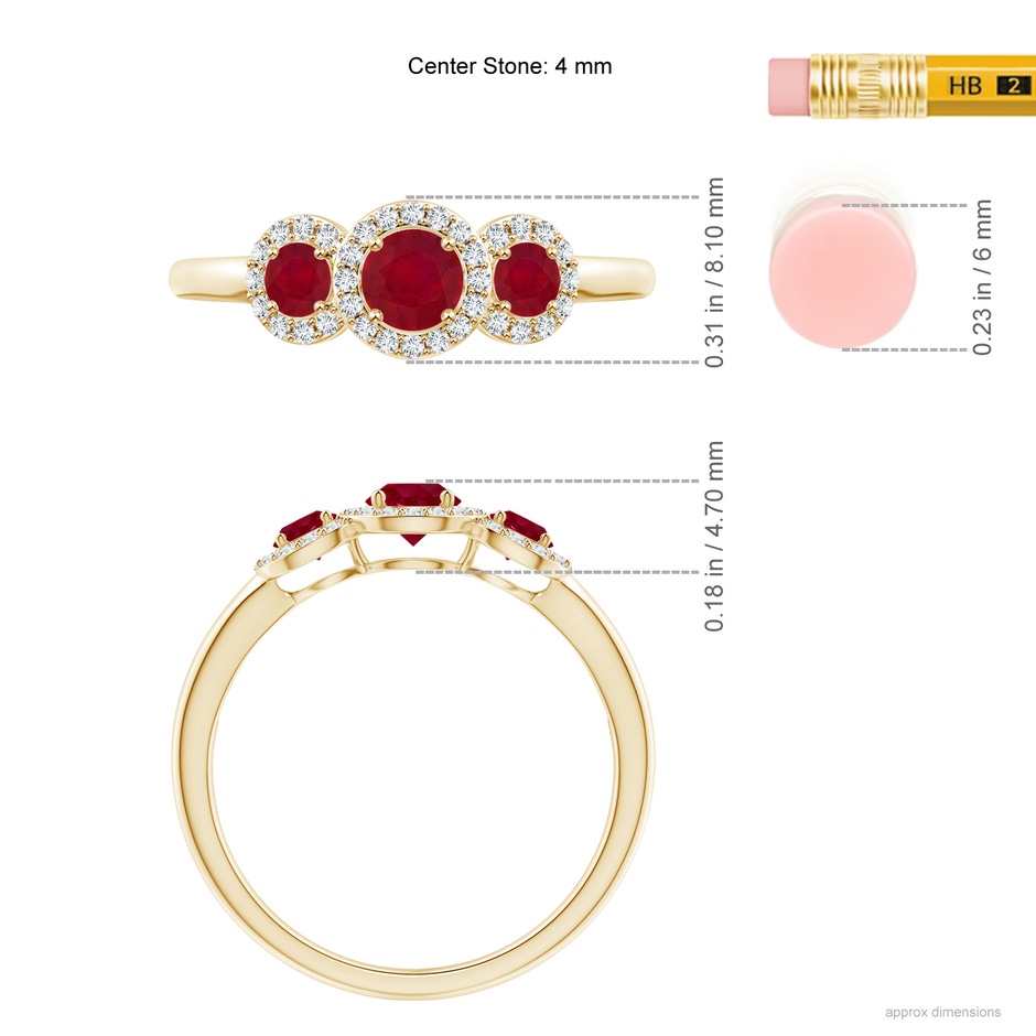 4mm AA Round Ruby Three Stone Halo Ring with Diamonds in Yellow Gold ruler