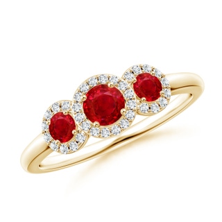 4mm AAA Round Ruby Three Stone Halo Ring with Diamonds in Yellow Gold