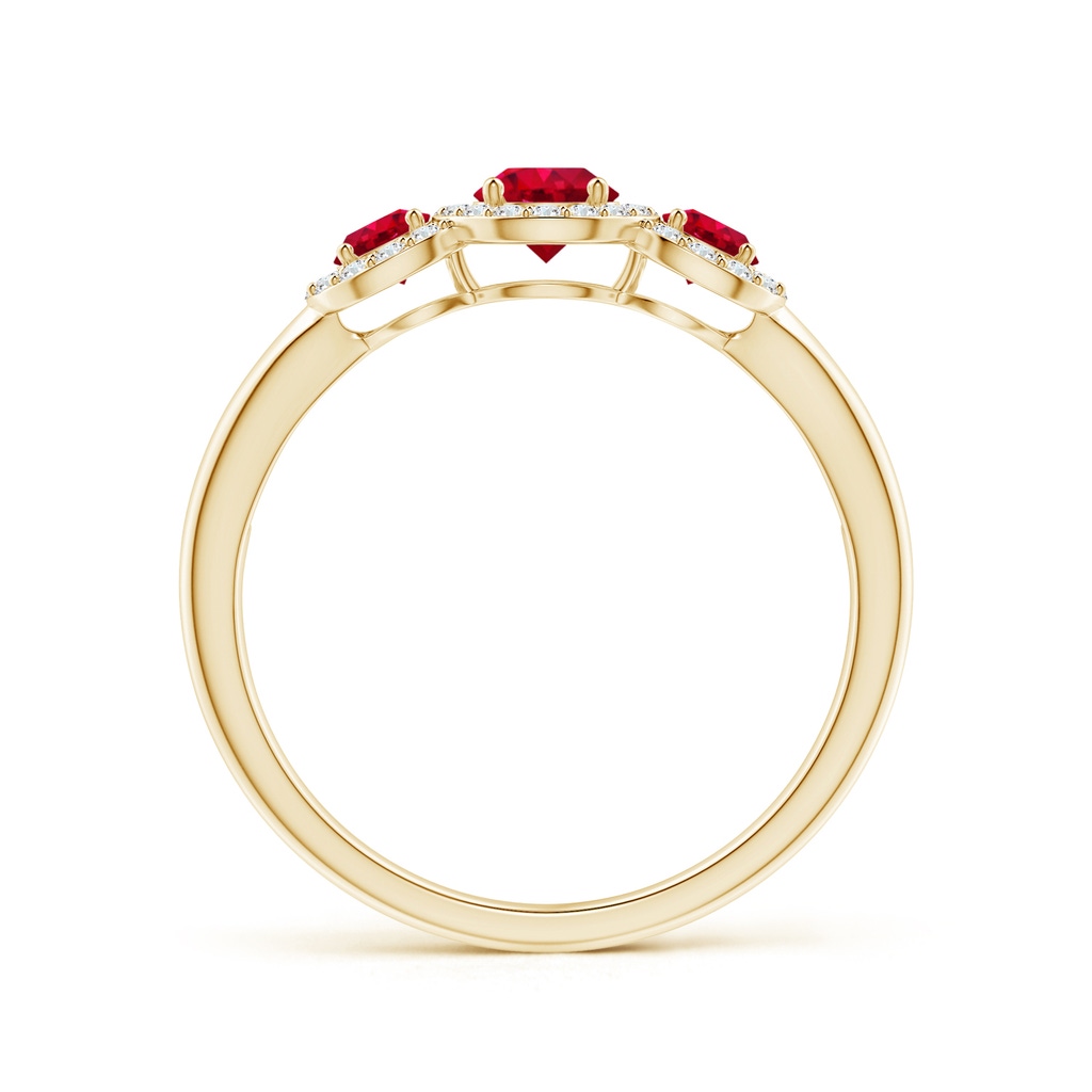 4mm AAA Round Ruby Three Stone Halo Ring with Diamonds in Yellow Gold Side-1