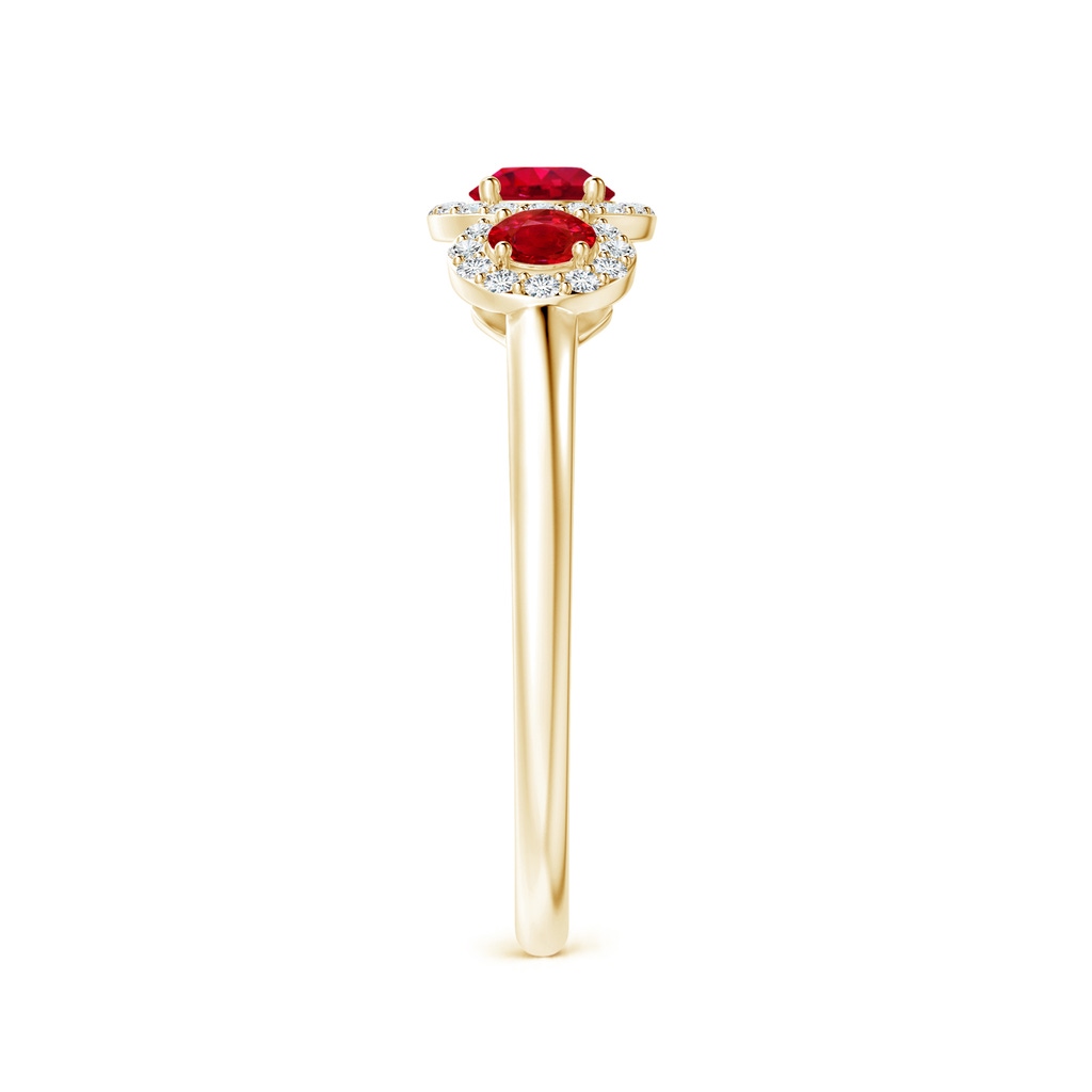 4mm AAA Round Ruby Three Stone Halo Ring with Diamonds in Yellow Gold Side-2