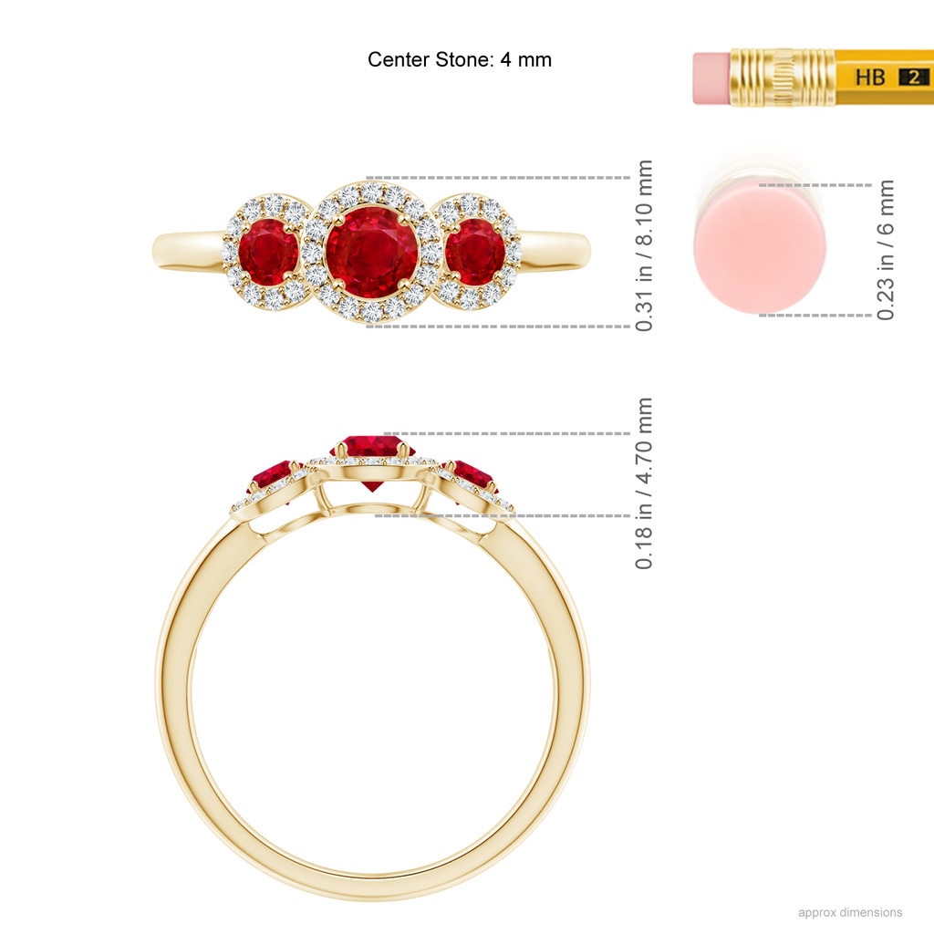 4mm AAA Round Ruby Three Stone Halo Ring with Diamonds in Yellow Gold Ruler