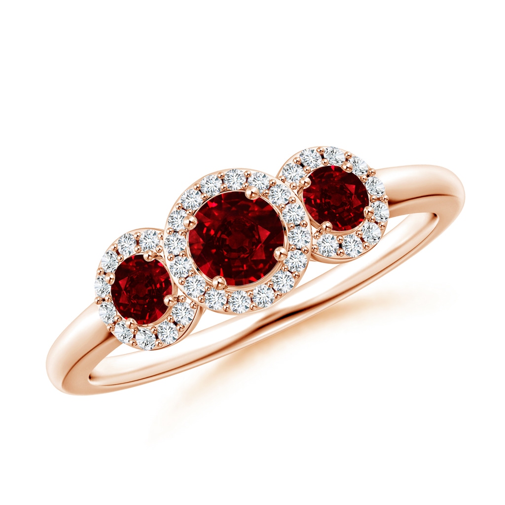 4mm AAAA Round Ruby Three Stone Halo Ring with Diamonds in Rose Gold