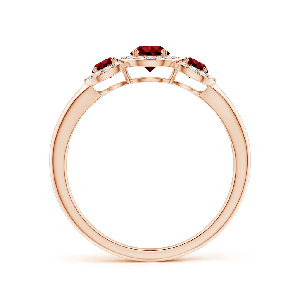 4mm AAAA Round Ruby Three Stone Halo Ring with Diamonds in Rose Gold - side_1