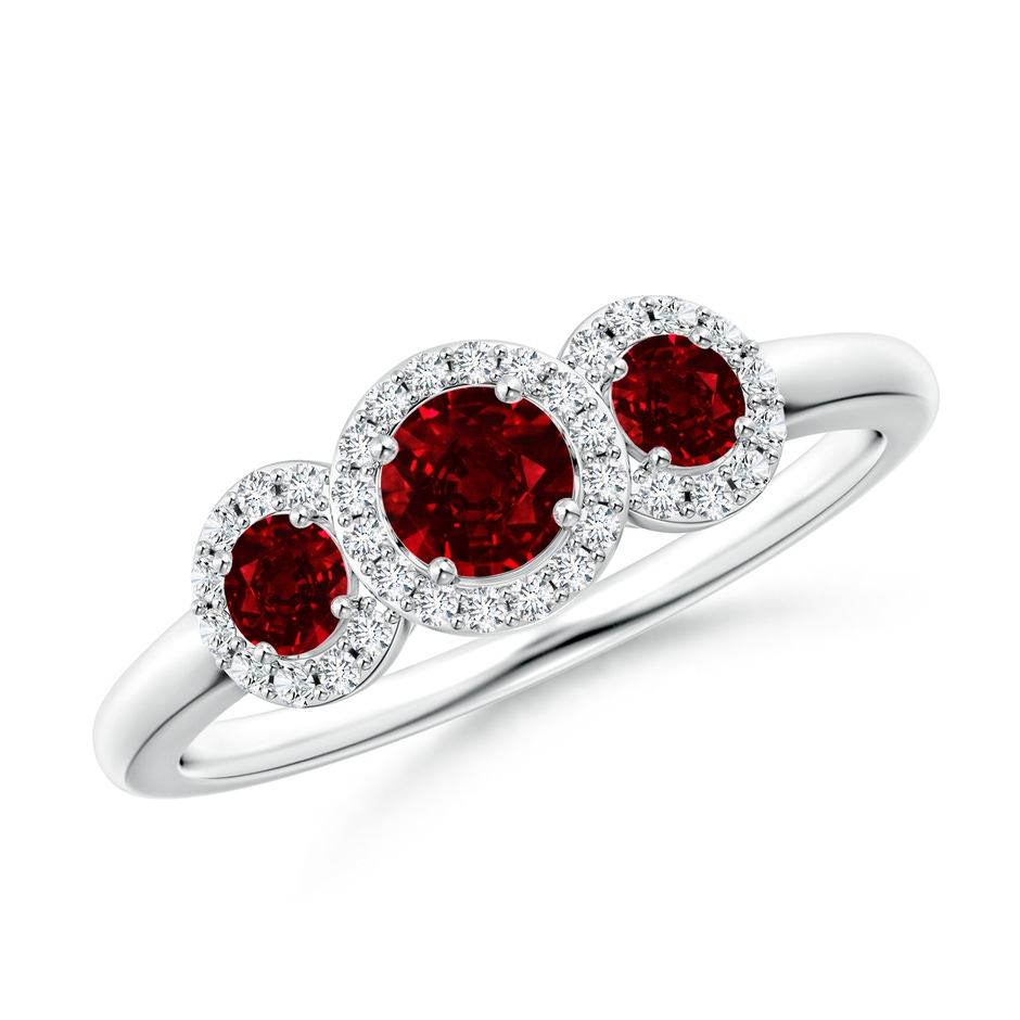 4mm AAAA Round Ruby Three Stone Halo Ring with Diamonds in White Gold 