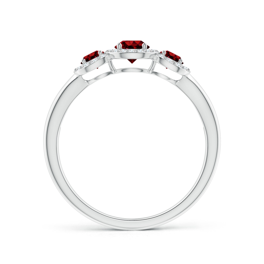 4mm AAAA Round Ruby Three Stone Halo Ring with Diamonds in White Gold - side_1
