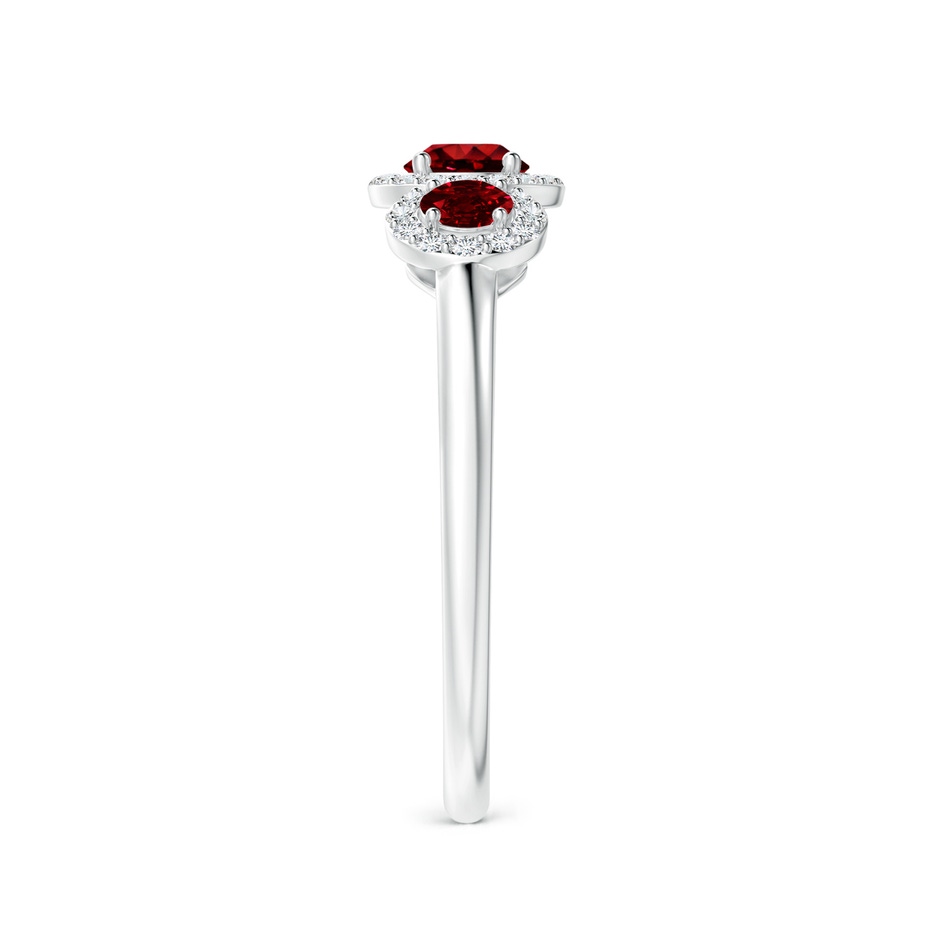 4mm AAAA Round Ruby Three Stone Halo Ring with Diamonds in White Gold side-2