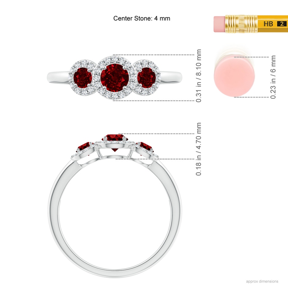 4mm AAAA Round Ruby Three Stone Halo Ring with Diamonds in White Gold ruler