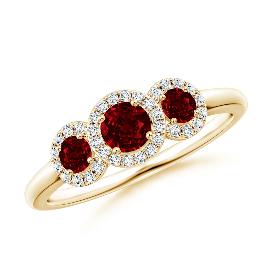 4mm AAAA Round Ruby Three Stone Halo Ring with Diamonds in Yellow Gold