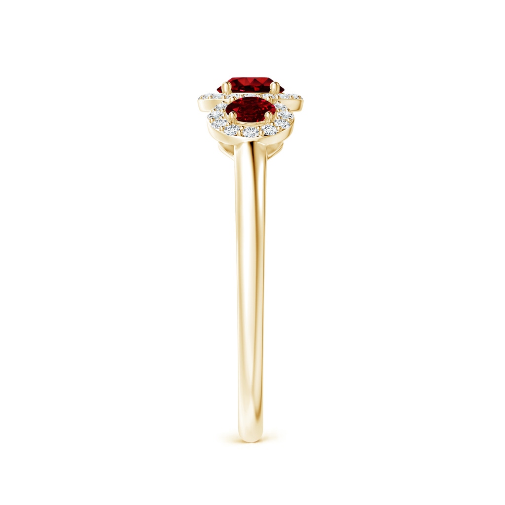 4mm AAAA Round Ruby Three Stone Halo Ring with Diamonds in Yellow Gold Side-2