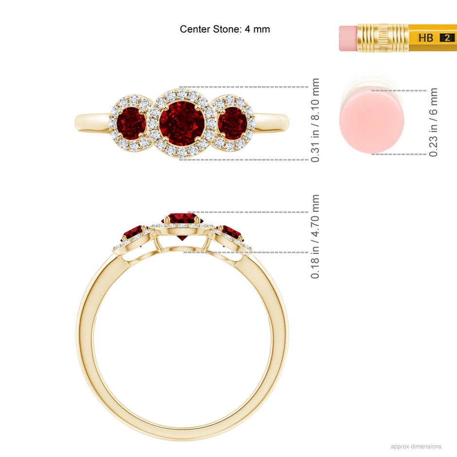 4mm AAAA Round Ruby Three Stone Halo Ring with Diamonds in Yellow Gold ruler