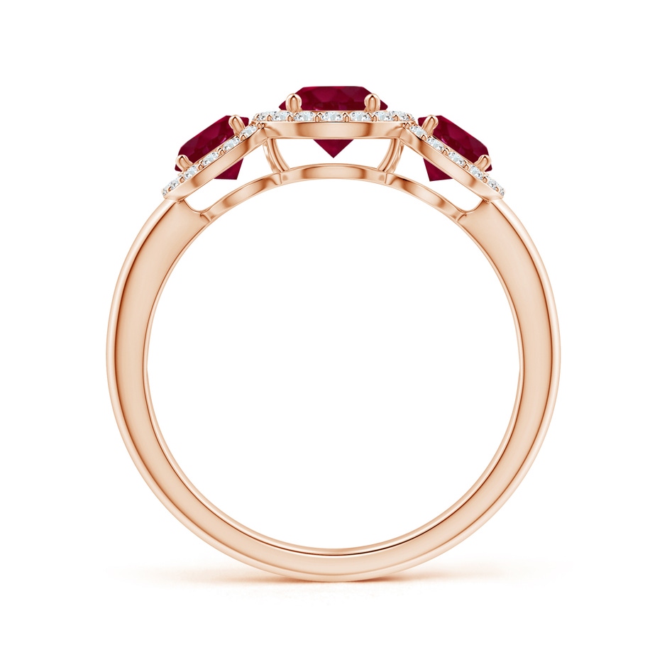 5mm A Round Ruby Three Stone Halo Ring with Diamonds in Rose Gold side-1