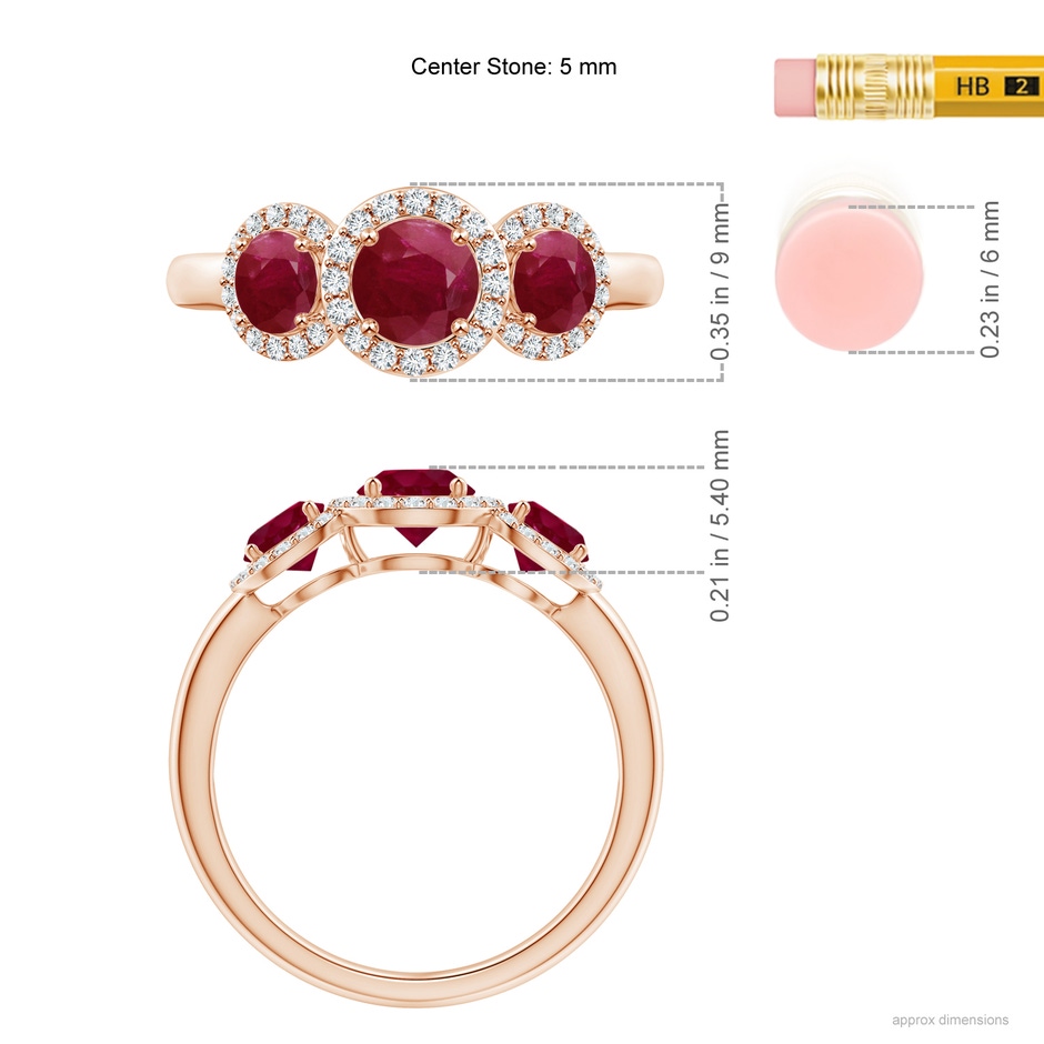 5mm A Round Ruby Three Stone Halo Ring with Diamonds in Rose Gold ruler