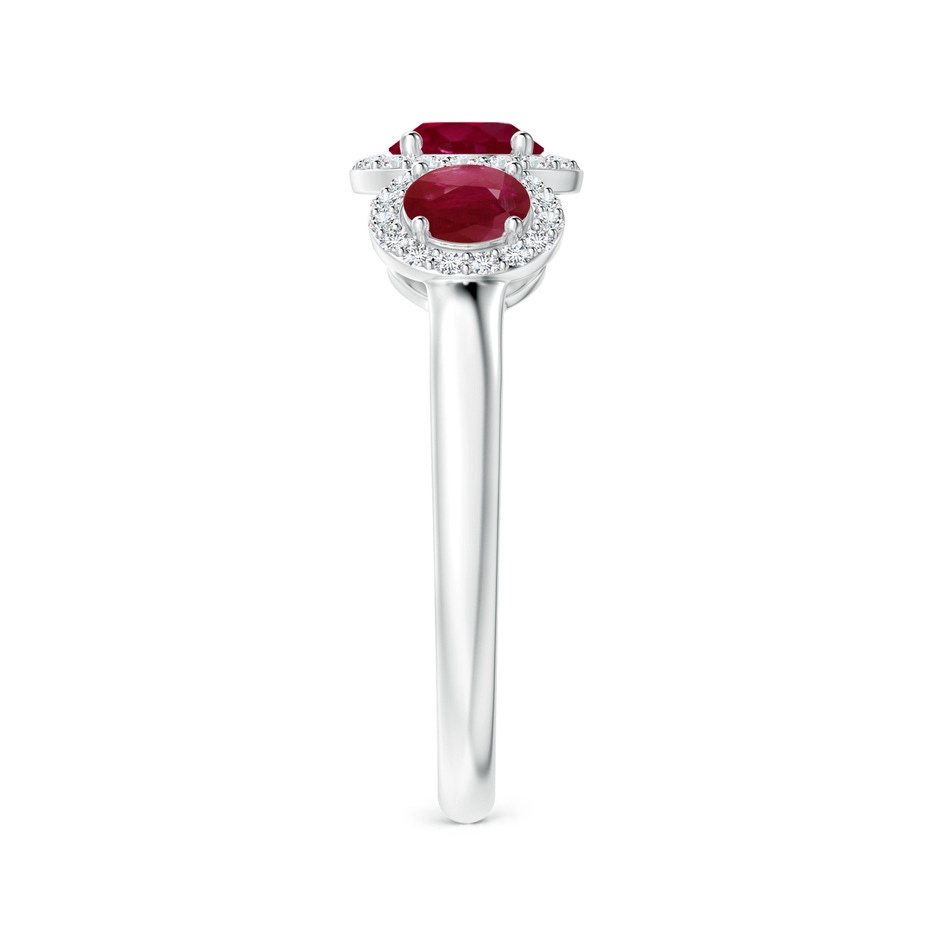 5mm A Round Ruby Three Stone Halo Ring with Diamonds in White Gold side-2
