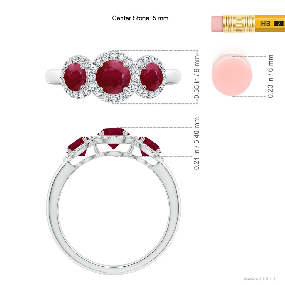 5mm A Round Ruby Three Stone Halo Ring with Diamonds in White Gold ruler