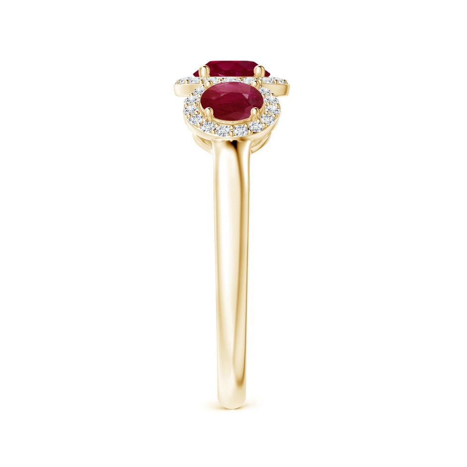 5mm A Round Ruby Three Stone Halo Ring with Diamonds in Yellow Gold side-2