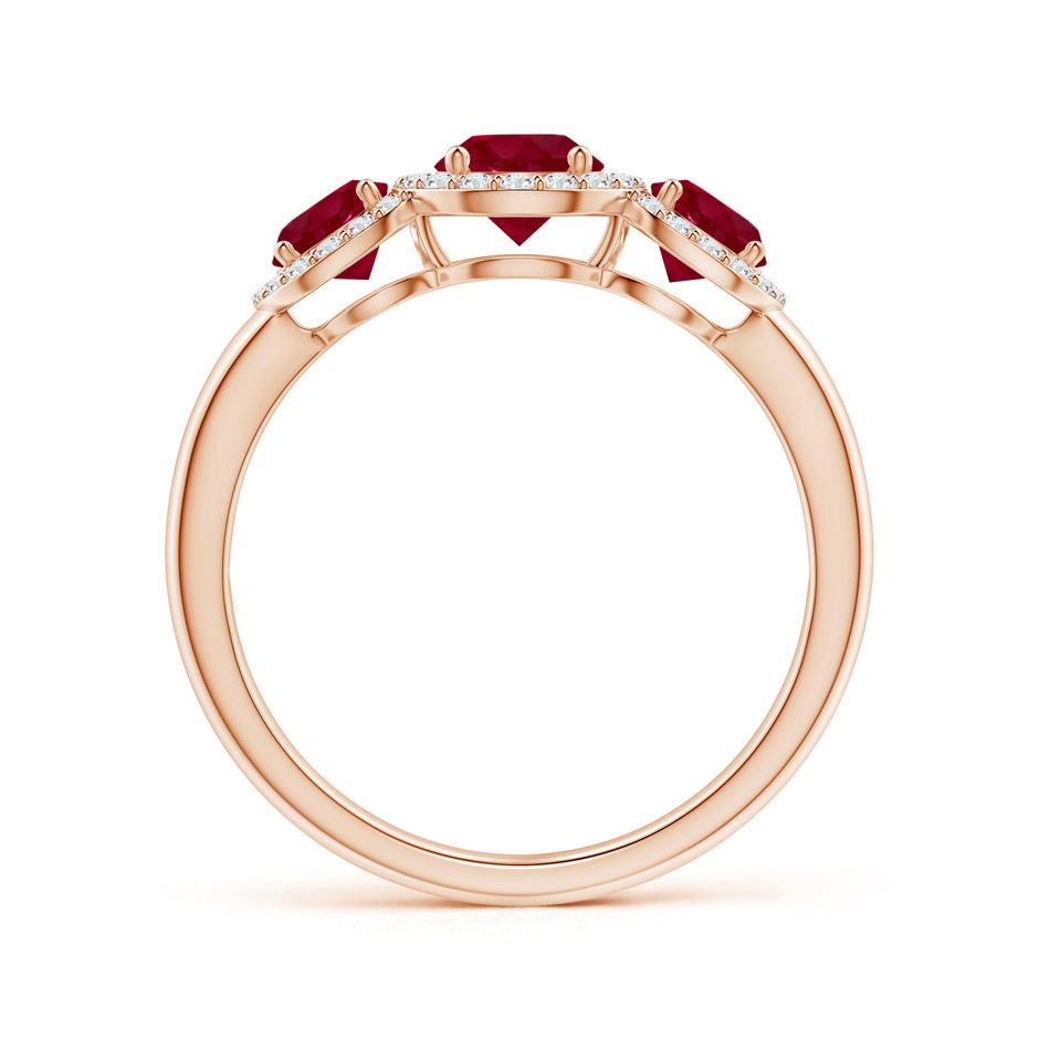5mm AA Round Ruby Three Stone Halo Ring with Diamonds in Rose Gold side-1