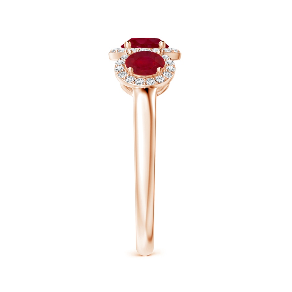 5mm AA Round Ruby Three Stone Halo Ring with Diamonds in Rose Gold side-2