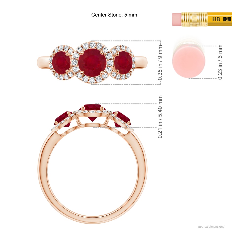 5mm AA Round Ruby Three Stone Halo Ring with Diamonds in Rose Gold ruler