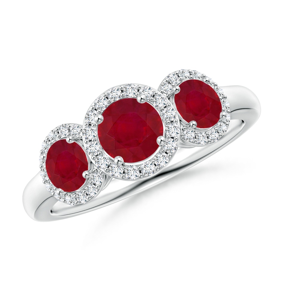 5mm AA Round Ruby Three Stone Halo Ring with Diamonds in White Gold 