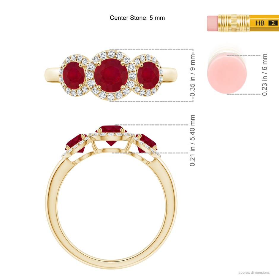 5mm AA Round Ruby Three Stone Halo Ring with Diamonds in Yellow Gold ruler