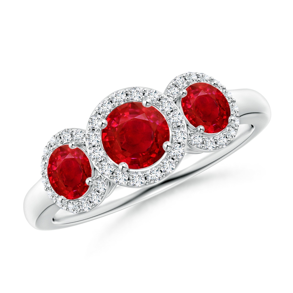 5mm AAA Round Ruby Three Stone Halo Ring with Diamonds in White Gold 