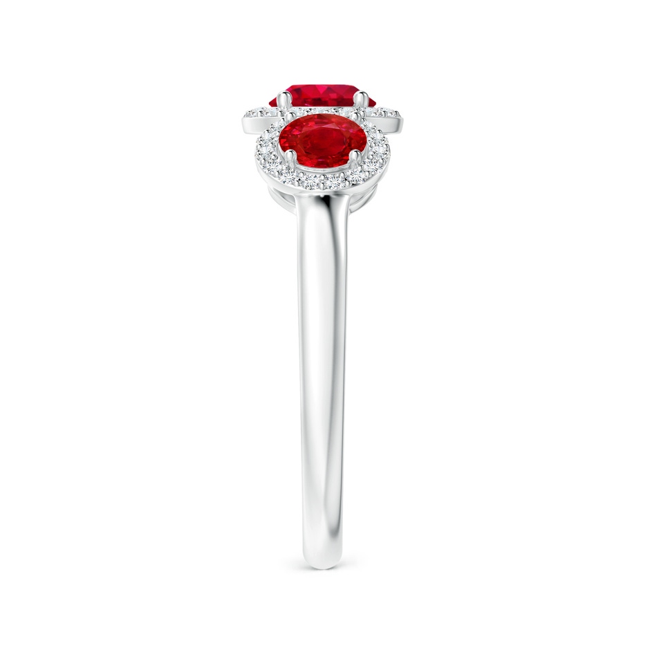 5mm AAA Round Ruby Three Stone Halo Ring with Diamonds in White Gold side-2