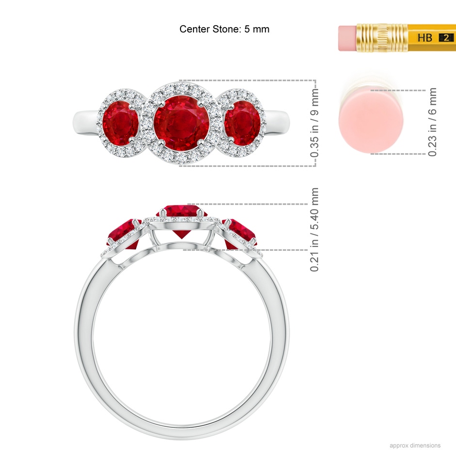 5mm AAA Round Ruby Three Stone Halo Ring with Diamonds in White Gold ruler