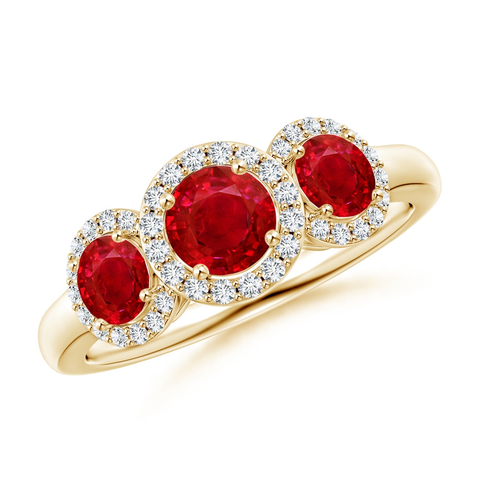 5mm AAA Round Ruby Three Stone Halo Ring with Diamonds in Yellow Gold 