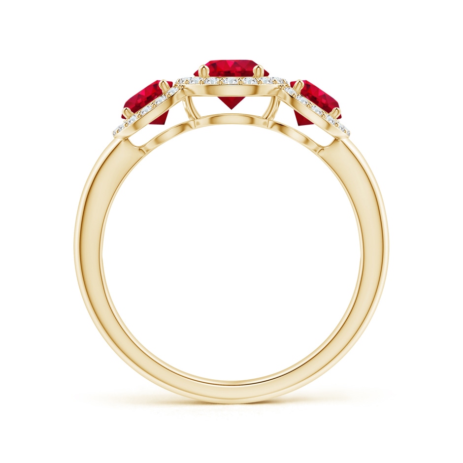 5mm AAA Round Ruby Three Stone Halo Ring with Diamonds in Yellow Gold side-1