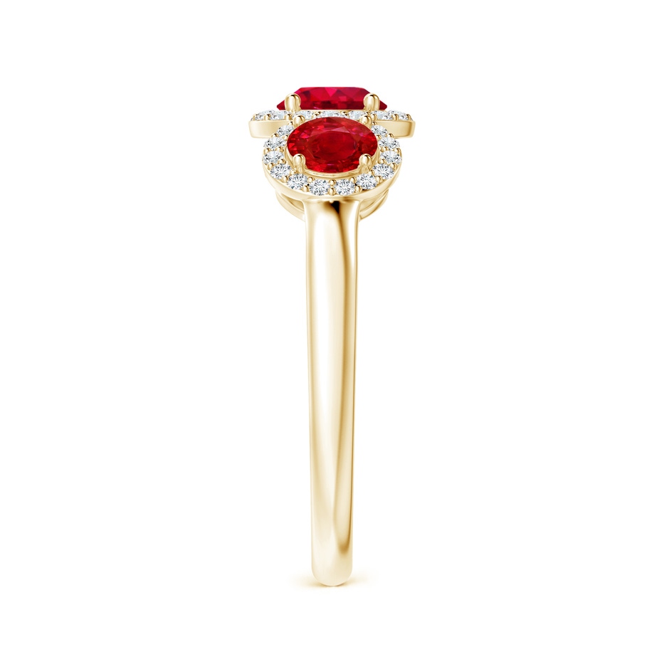 5mm AAA Round Ruby Three Stone Halo Ring with Diamonds in Yellow Gold side-2