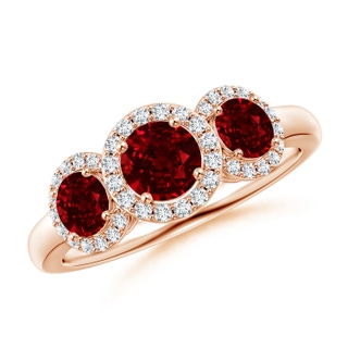 5mm AAAA Round Ruby Three Stone Halo Ring with Diamonds in Rose Gold