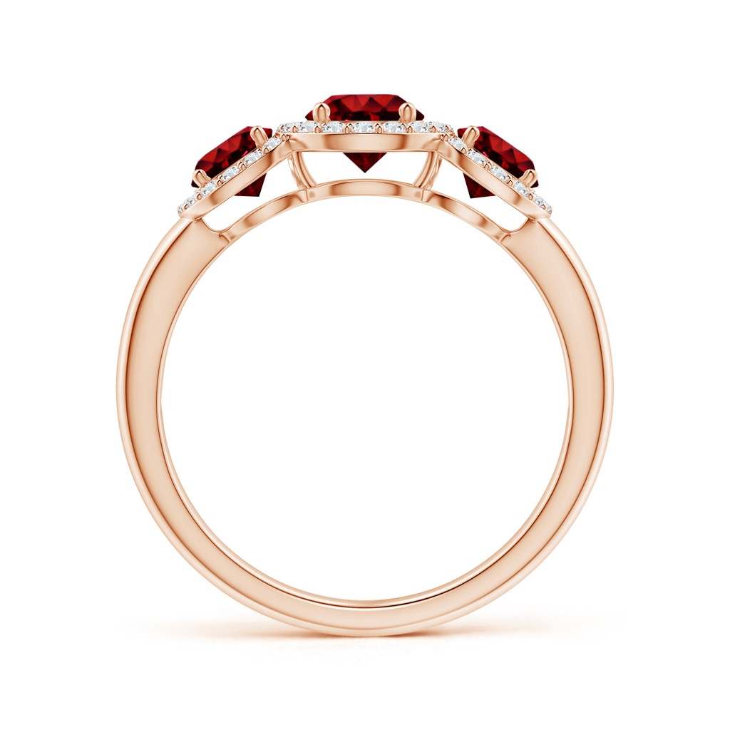 5mm AAAA Round Ruby Three Stone Halo Ring with Diamonds in Rose Gold Side-1