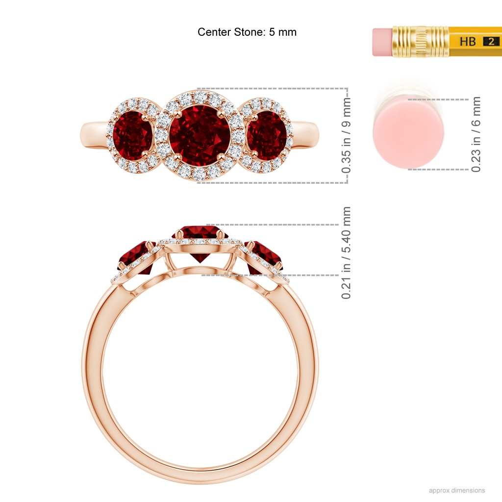 5mm AAAA Round Ruby Three Stone Halo Ring with Diamonds in Rose Gold Ruler