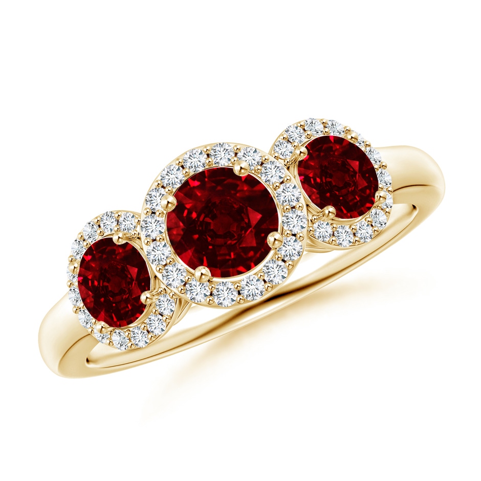 5mm AAAA Round Ruby Three Stone Halo Ring with Diamonds in Yellow Gold 