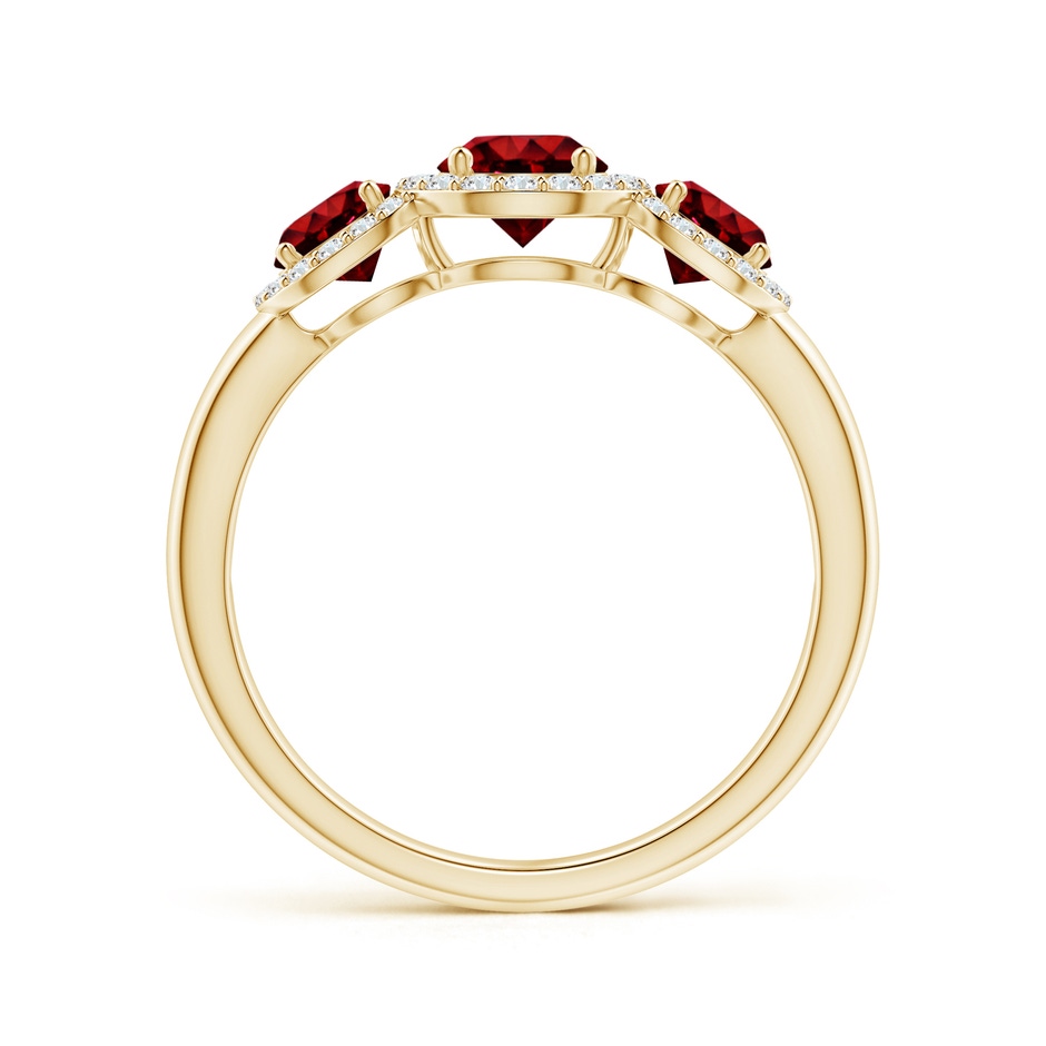5mm AAAA Round Ruby Three Stone Halo Ring with Diamonds in Yellow Gold side-1