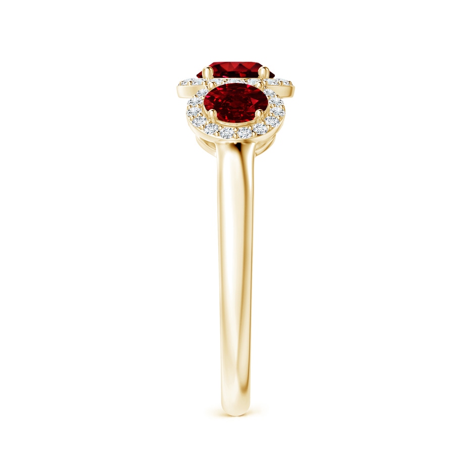 5mm AAAA Round Ruby Three Stone Halo Ring with Diamonds in Yellow Gold side-2