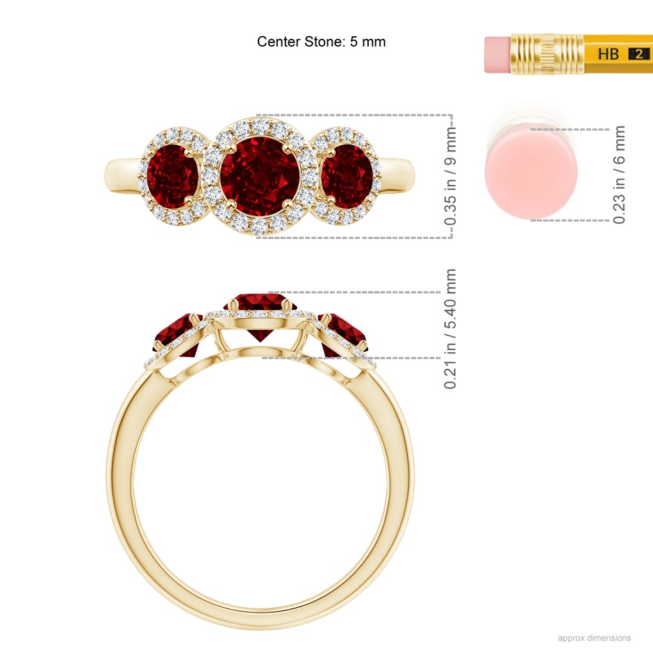 5mm AAAA Round Ruby Three Stone Halo Ring with Diamonds in Yellow Gold ruler