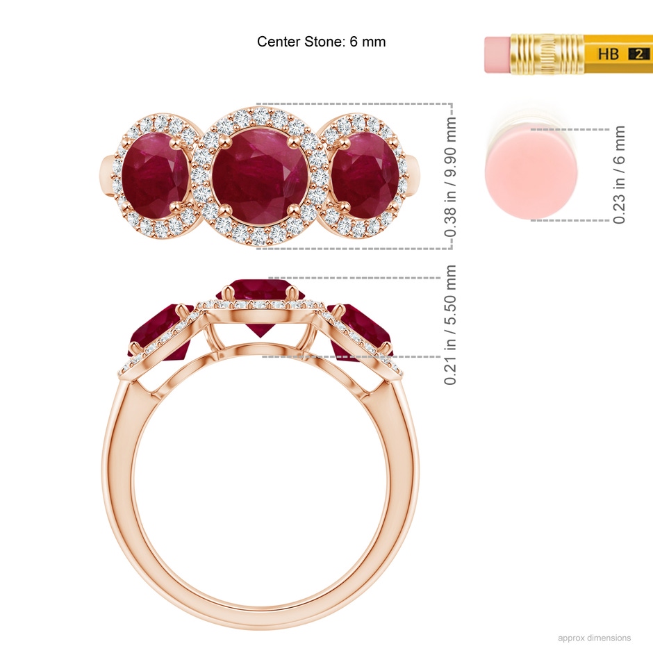 6mm A Round Ruby Three Stone Halo Ring with Diamonds in Rose Gold ruler