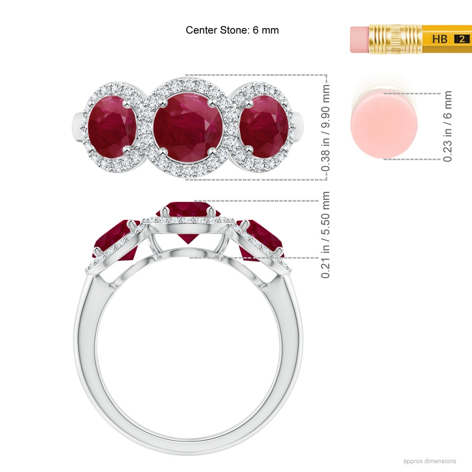 6mm A Round Ruby Three Stone Halo Ring with Diamonds in White Gold ruler