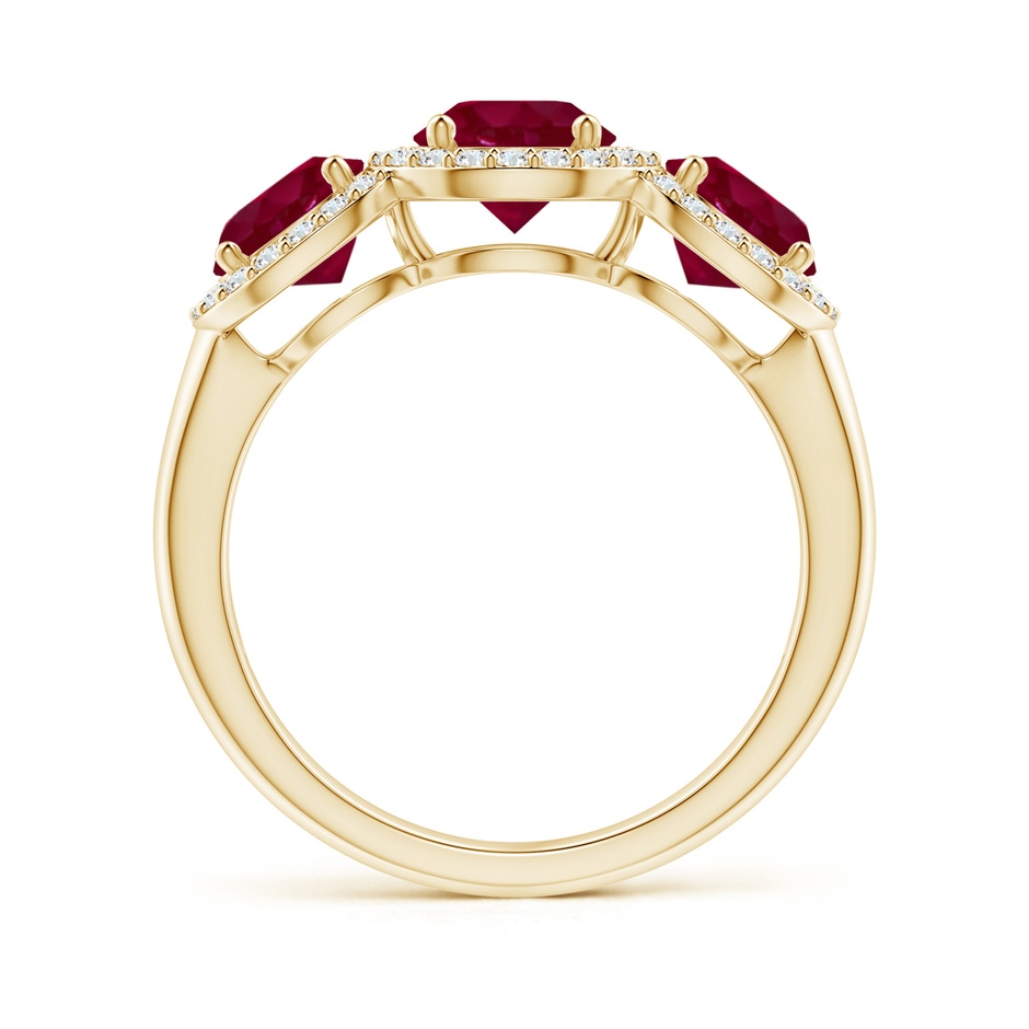 6mm A Round Ruby Three Stone Halo Ring with Diamonds in Yellow Gold side-1