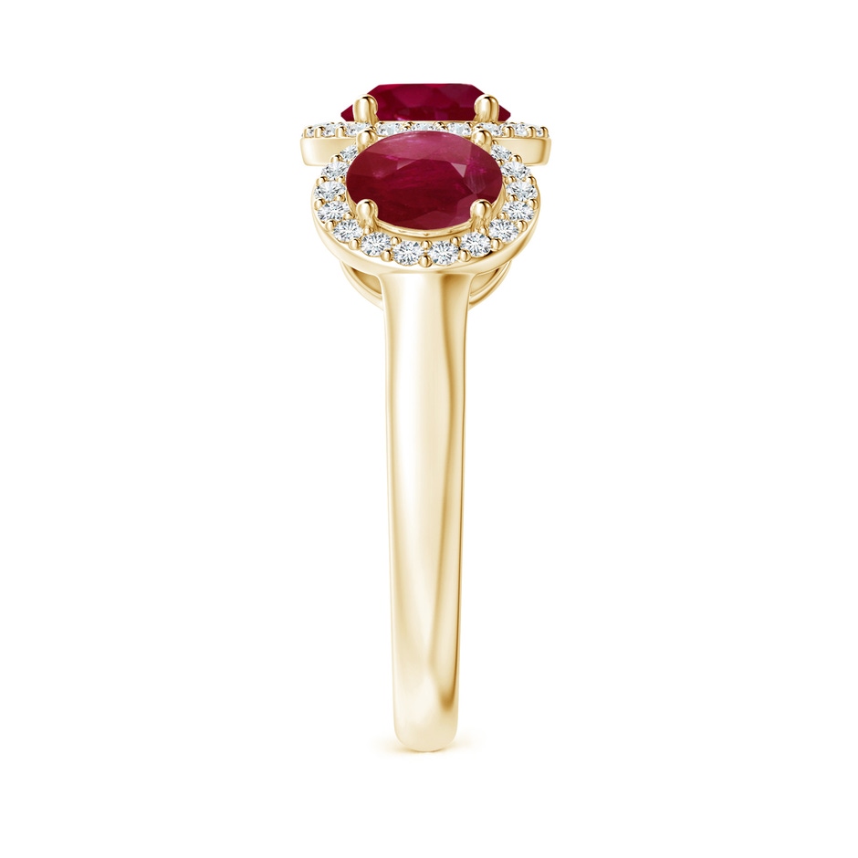 6mm A Round Ruby Three Stone Halo Ring with Diamonds in Yellow Gold side-2