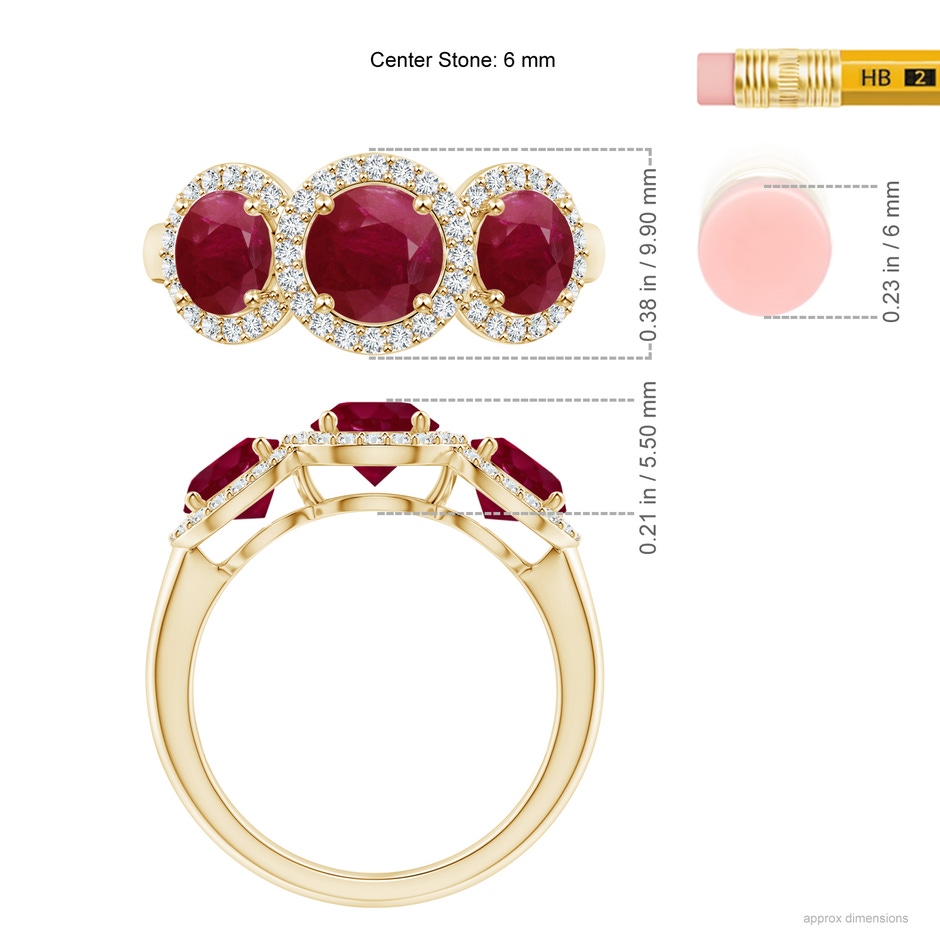 6mm A Round Ruby Three Stone Halo Ring with Diamonds in Yellow Gold ruler