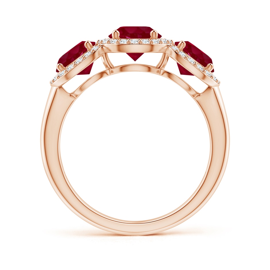6mm AA Round Ruby Three Stone Halo Ring with Diamonds in Rose Gold side-1